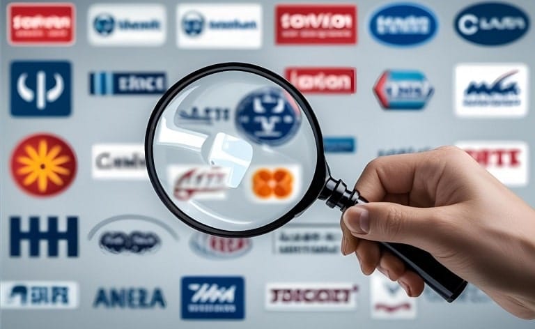 An image of a hand holding a magnifying glass, hovering over several blurred or indistinct company logos or a cluster of varied symbols, with one appearing clearer or highlighted. This conveys the act of carefully examining and selecting from multiple choices.