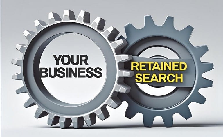An image showing two gears, one representing "Your Business" and the other "Retained Search." They might be positioned as if about to interlock perfectly, with the "Retained Search" gear slightly highlighted or moving into place, suggesting alignment.