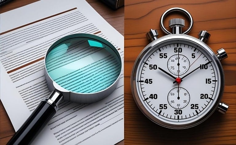 One side of the image features a magnifying glass over a detailed document (representing the in-depth nature of retained search), while the other side has a stopwatch or a fast-moving clock (representing the urgency and speed often associated with contingency). This highlights the core differences in methodology.