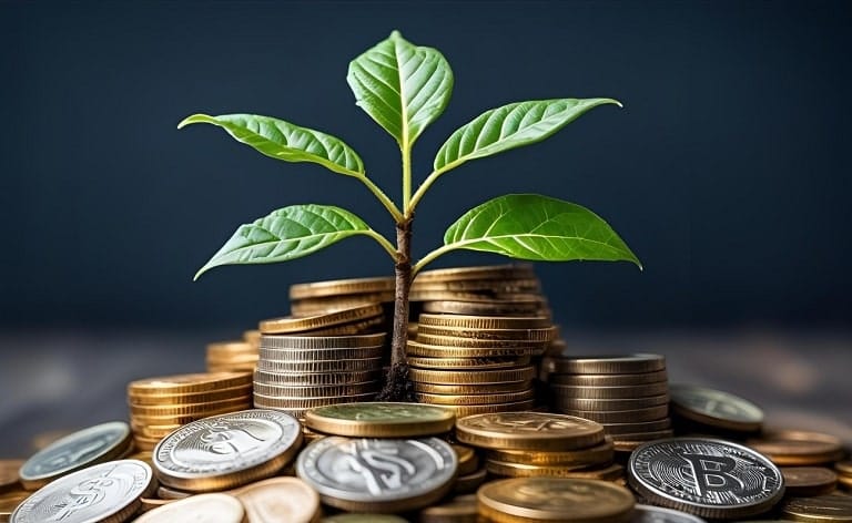 A young plant or sapling growing from a pile of coins or a money bag, with the plant itself (or its leaves/fruit) subtly representing the high-quality hire or positive outcome