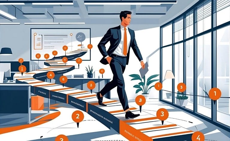 Illustration of a businessman walking along a step-by-step path, representing the retained search process.