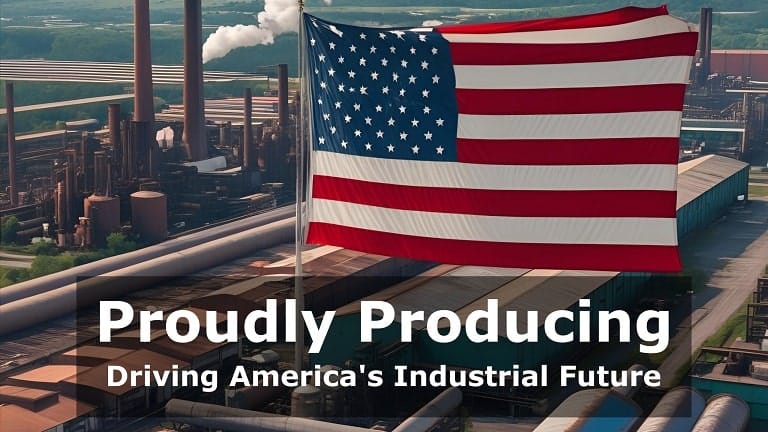 American flag over a bustling factory