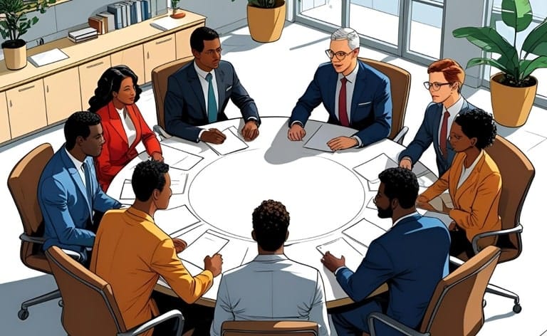 Diverse group of business executives in a round table discussion, symbolizing strategic alignment and collaborative problem-solving in executive leadership.