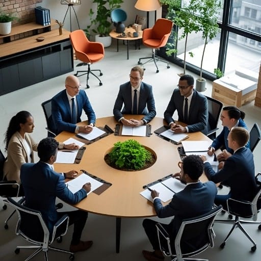 A high-angle view of a diverse group of executives in business attire gathered around a large, round wooden conference table in a modern office. In the center of the table is a green plant. The executives are engaged in discussion, with papers and pens in front of them.