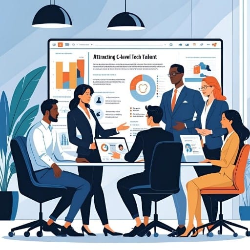 A diverse group of business professionals meeting in front of a screen displaying charts and the text "Attracting C-level Tech Talent."