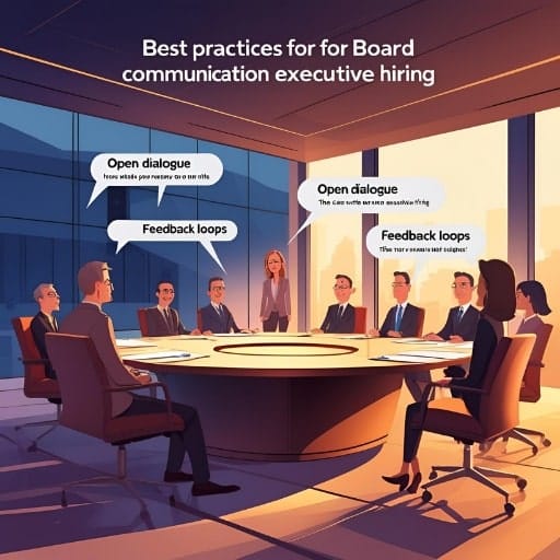 Illustration: Board meeting discussing "Best practices for Board communication executive hiring" with speech bubbles indicating "Open dialogue" and "Feedback loops."