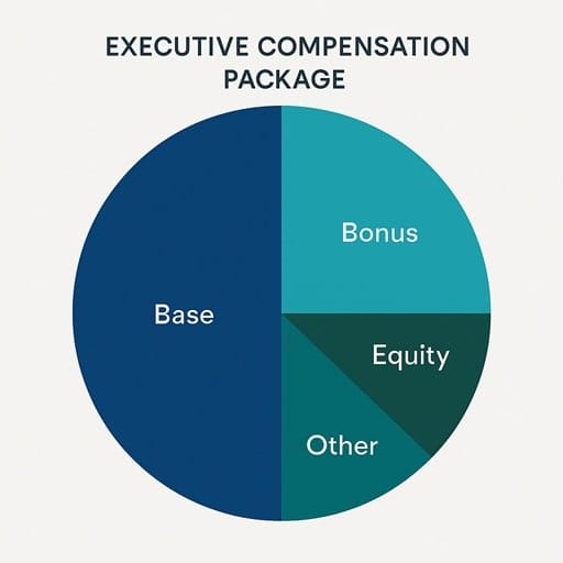 a simple pie chart or diagram showing the typical components of an executive compensation package (Base, Bonus, Equity, etc.)