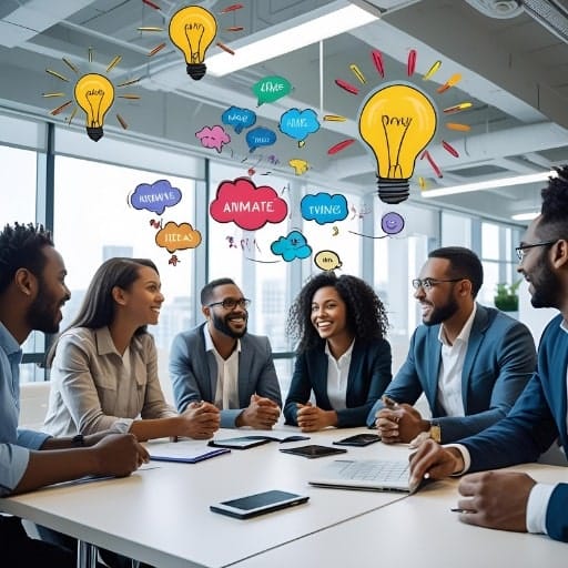 Diverse team collaborating on ideas in a modern office with lightbulb graphics.