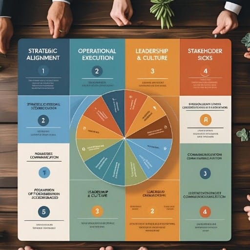 A four-quadrant CEO scorecard with a central pie chart, surrounded by hands in a business meeting setting.