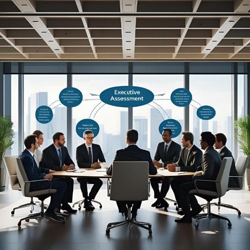 A group of executives seated around a conference table in a modern office with a city skyline view, under a large diagram titled "Executive Assessment" with connected thought bubbles, representing strategies for PE-backed leadership success.