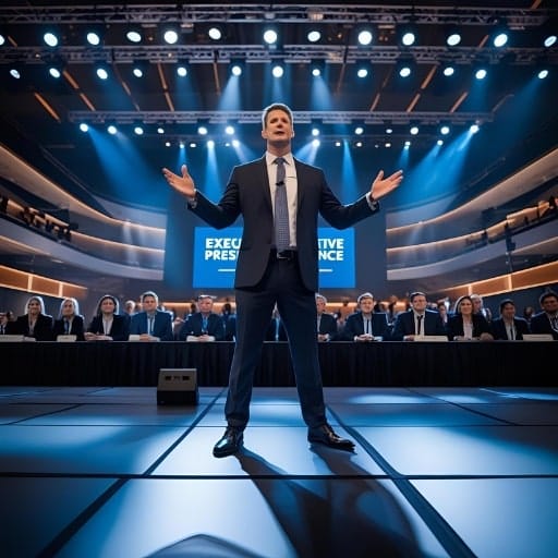 A man in a suit giving a presentation on a stage in front of an audience and a screen displaying "EXECUTIVE PRESENCE".