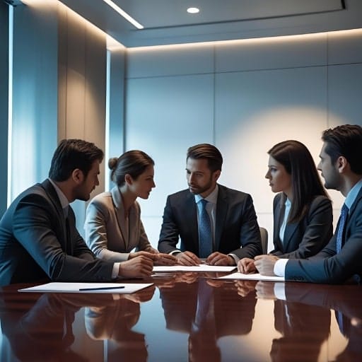 A group of five executives engaged in a confidential discussion around a conference table, symbolizing discreet executive recruitment methods and private meetings.