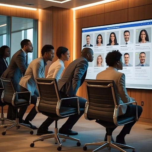 A diverse executive search committee intently reviewing candidate profiles on a large screen in a modern boardroom, symbolizing the process of facilitating consensus and candidate evaluation.