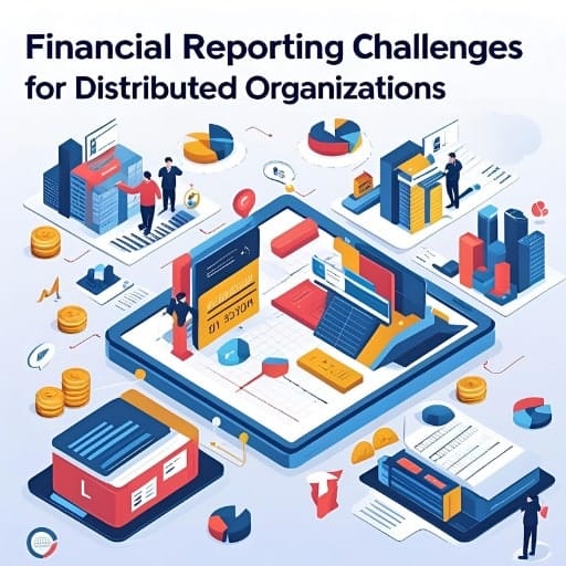 An infographic illustrating financial reporting challenges for distributed organizations.