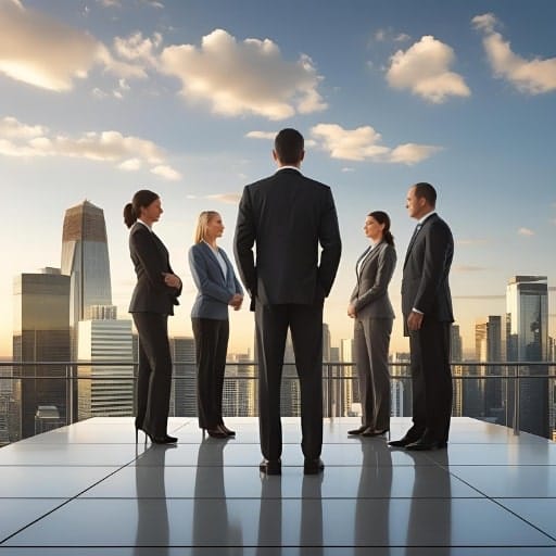 A group of diverse executives in business attire standing on a rooftop terrace overlooking a city skyline at sunset, with a central male executive facing away from the viewer, symbolizing leadership and strategic positioning.