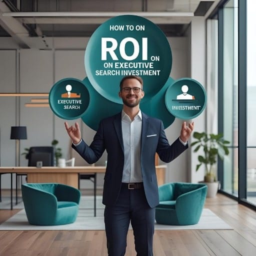 An executive in a modern office setting holding up two spheres, representing "Executive Search" and "Investment," with a large central sphere titled "HOW TO ON ROI ON EXECUTIVE SEARCH INVESTMENT," symbolizing return on investment.