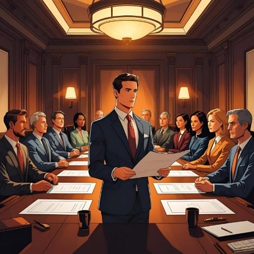 An illustration of a confident male executive presenting documents in a formal boardroom setting, with a diverse board of directors seated around a large table, symbolizing how to manage board pressure.