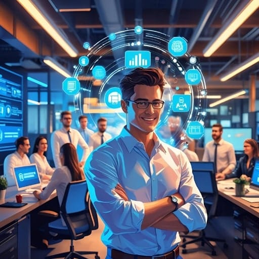 Confident man in a modern office surrounded by digital technology icons, with a team working in the background.