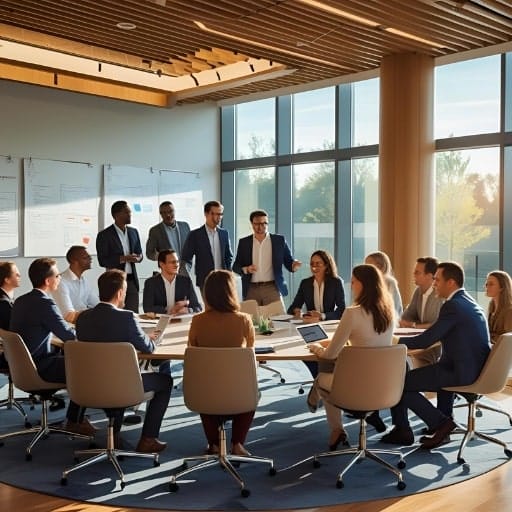 A diverse group of business professionals engaging in positive and collaborative conversations during an interview or meeting, highlighting a positive candidate experience.