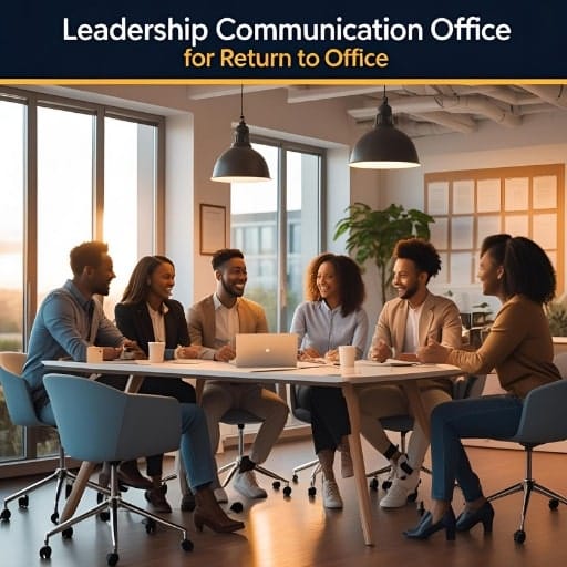 Six diverse professionals meeting around a table in a bright office, under the headline "Leadership Communication Office for Return to Office."