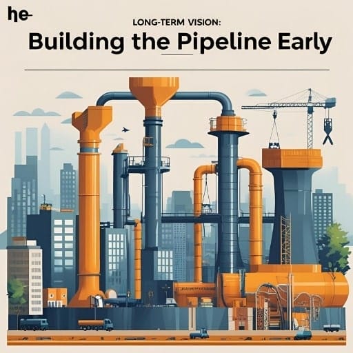 Illustration of an industrial pipeline system being built, symbolizing the strategic and ongoing process of developing a diverse pool of future senior leaders.