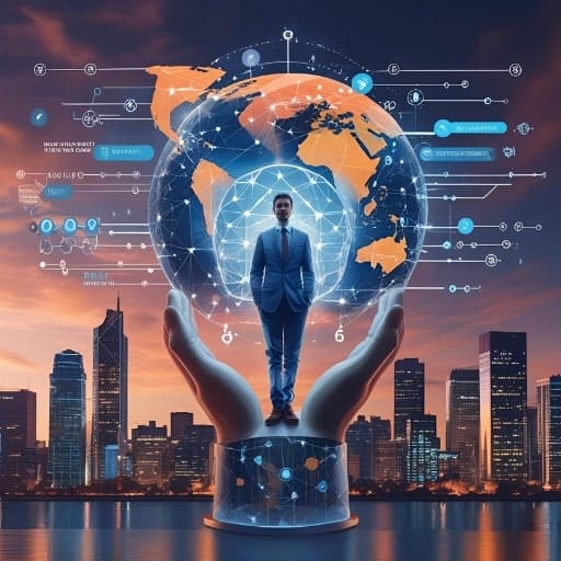 Business leader standing in hands holding a digital globe with connecting data points over a cityscape at sunset.