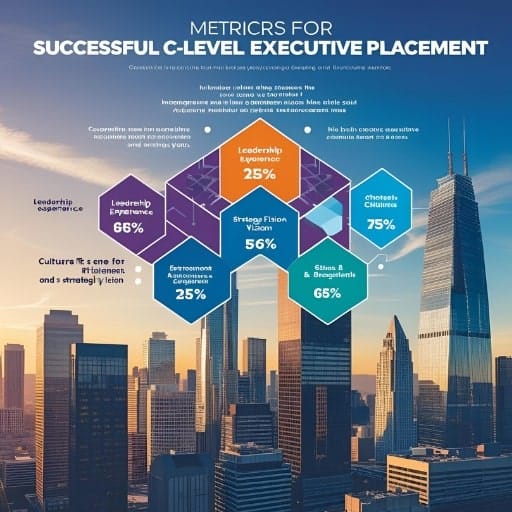 Infographic titled "Metrics for Successful C-Level Executive Placement" showcasing key factors and their importance in percentage form over a city skyline background.