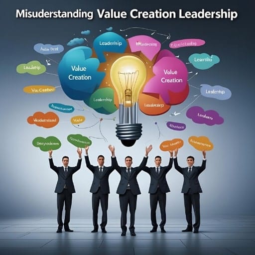 Five business executives holding thought bubbles related to value creation and leadership, with a central glowing lightbulb representing ideas.