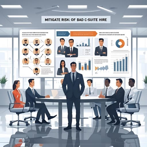 A group of executives in a modern office, with a central figure standing confidently, and a large screen behind them displaying charts, graphs, and headshots, illustrating strategies to "MITIGATE RISK OF BAD C-SUITE HIRE."
