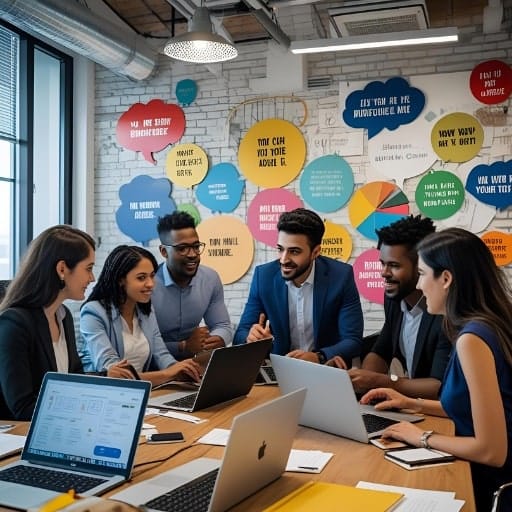 A diverse group of professionals collaborating around a table with laptops in a modern office, brainstorming with colorful speech bubbles on the wall.