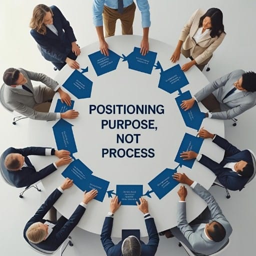 Overhead view of a diverse group of executives collaborating around a table, with text "Positioning Purpose, Not Process."