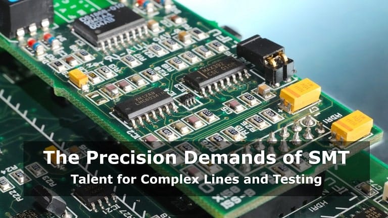 A close-up view of a complex Printed Circuit Board (PCB) with tiny components, representing the precision talent needed for Surface-Mount Technology (SMT).