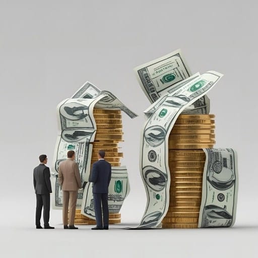 Three businessmen observing and comparing two stacks of money, one larger than the other.