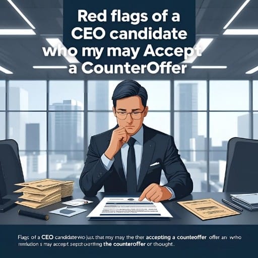Illustration: A CEO candidate pondering a document titled "Red flags of a CEO candidate who may Accept a CounterOffer."
