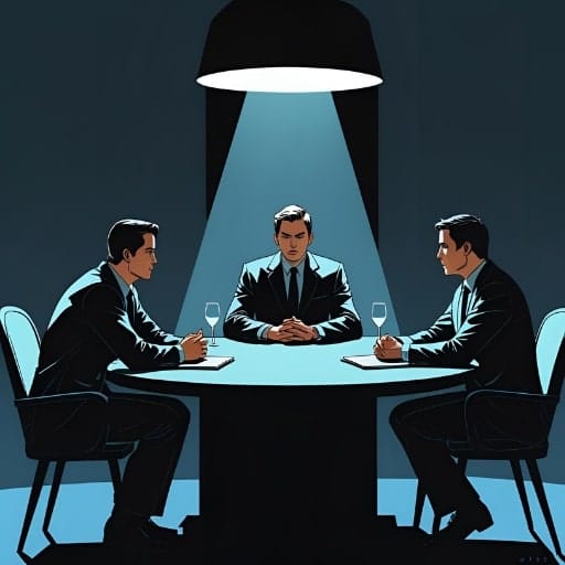 Three men in suits at a round table under a spotlight.
