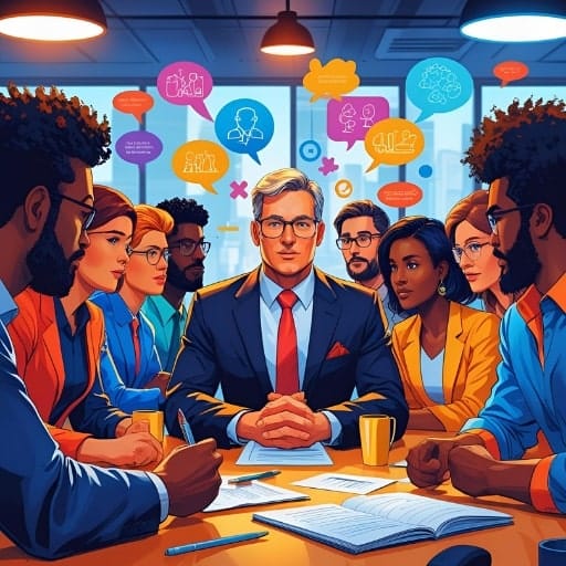 A diverse group of executives seated around a brightly lit conference table, with a central male executive looking directly at the viewer. Above their heads are numerous colorful speech bubbles with various icons representing ideas and communication, symbolizing strategic discussion and diverse perspectives.