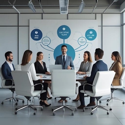 Boardroom meeting with a presentation slide titled "EXECUTIVE TEAM" and depicting interconnected organizational roles like "NEW HIRE" and "SENIOR LEADERSHIP."
