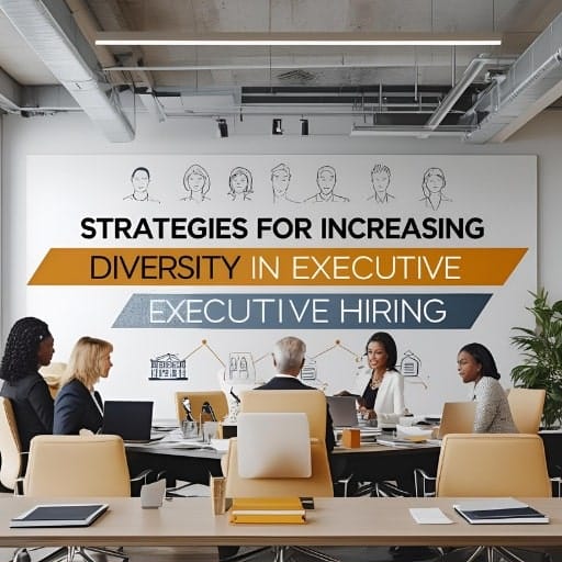 A diverse group of professionals in a modern conference room, looking towards a large screen displaying "STRATEGIES FOR INCREASING DIVERSITY IN EXECUTIVE HIRING" with outlines of diverse headshots above it, symbolizing inclusive recruitment discussions.