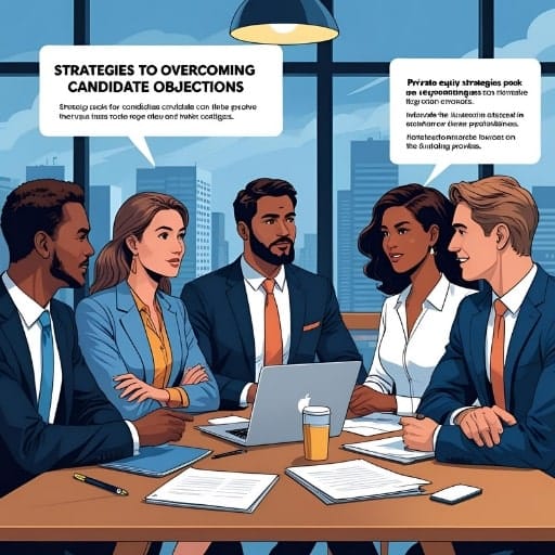 Illustration depicting a diverse group of five business professionals around a conference table. Speech bubbles contain text related to overcoming candidate objections and private equity strategies.