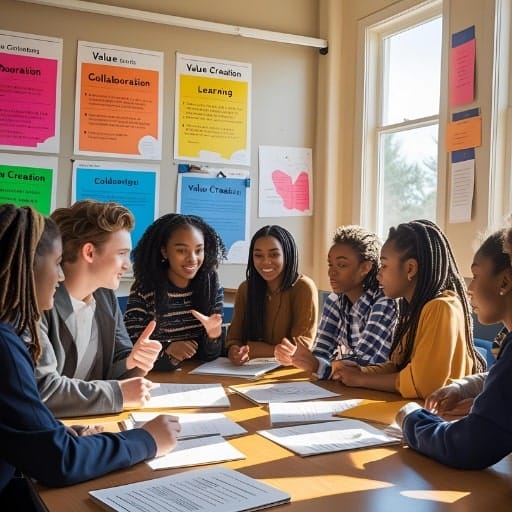 Diverse group of students collaborating around a table.