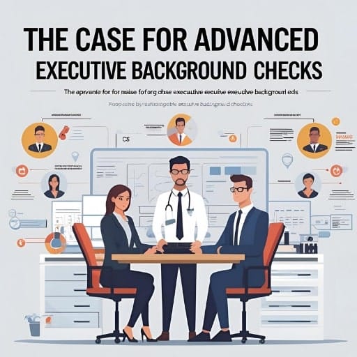 Text reads: "THE CASE FOR ADVANCED EXECUTIVE BACKGROUND CHECKS." Below that, smaller text reads: "Responsive by Realistic Ape Executive Background Checks." The image depicts three professionals around a table, with digital screens showing profiles and data visualizations suggesting background checks and analysis of executive candidates.
