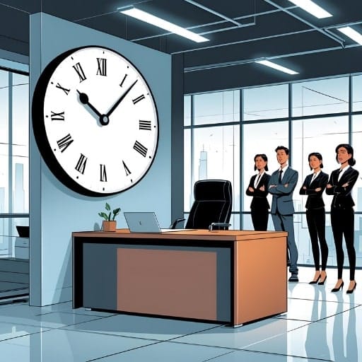 A large clock dominates an office setting with an empty executive chair, representing the high cost and urgency of a prolonged CMO vacancy.