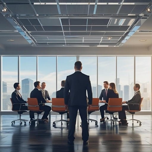 A leader standing before a boardroom table with six seated professionals, overlooking a city skyline.