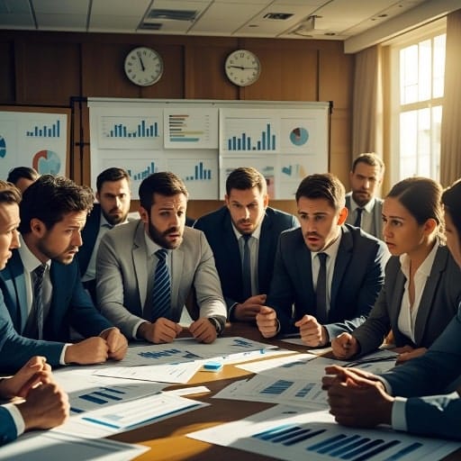 Concerned business professionals in a meeting room looking at financial charts and data.