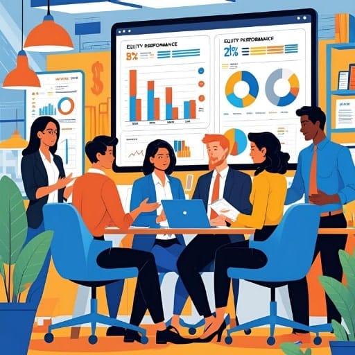 Illustration showing the process of streamlining hiring across multiple portfolio companies, with various HR-related icons linked to individual and stacked moving boxes, suggesting efficient talent acquisition and placement within a private equity context.