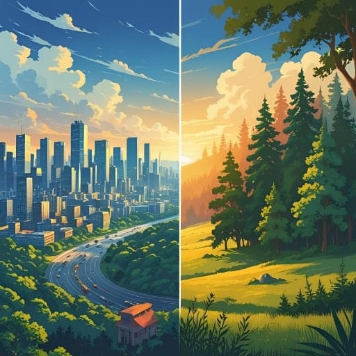 Split image contrasting a vibrant cityscape with a serene natural landscape.