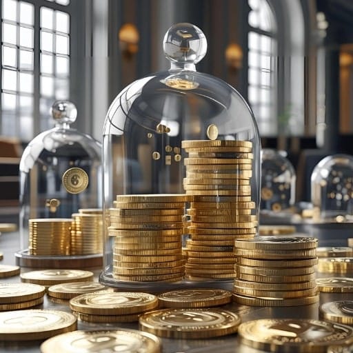 Stacks of gold coins under glass cloches, symbolizing protected wealth or investments.