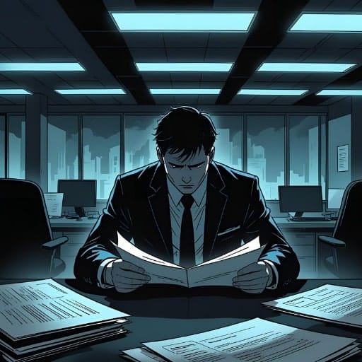 A man in a suit sitting at a desk in a dimly lit office, looking intently at documents spread before him.