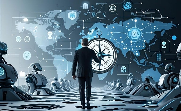 A leader figure navigating a complex, futuristic landscape filled with AI symbols (algorithms, data points, robotic elements) while also holding a compass or map representing business strategy.