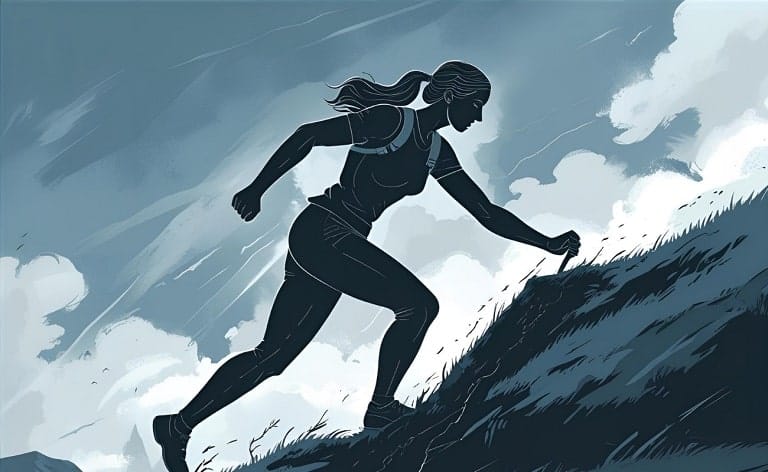 A determined figure (could be abstract or a person) pushing or climbing uphill, overcoming visible obstacles, or navigating through a stormy landscape to reach a clear destination